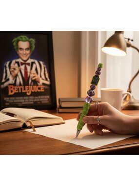 Beetlejuice-Inspired Rhinestone Pen With "Never Trust The Living" Charm Purple &